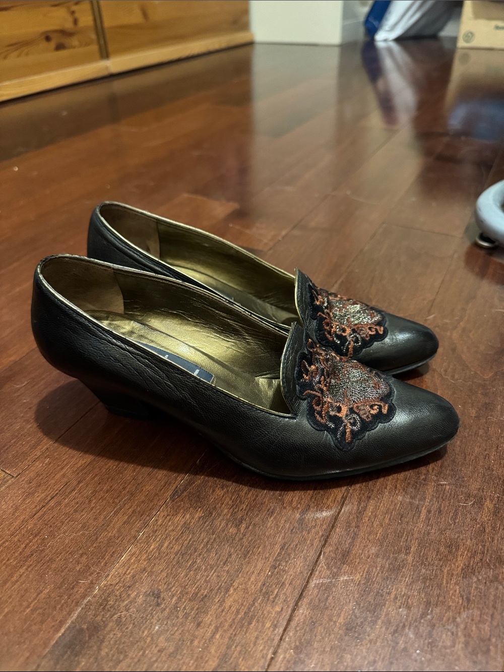 Classic Black Leather Women's Low Heel Loafers with Embroidered Accent